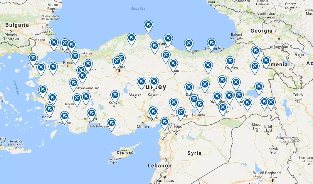 Airports in Turkey on Map