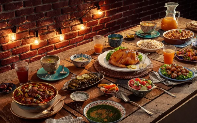 A sumptuous Iftar spread set against a rustic brick backdrop, illuminated by warm string lights. The table boasts an array of traditional dishes: a steaming bowl of soup, a succulent roasted chicken on a bed of lettuce, vibrant mixed salads, hearty meat stew, rice pilaf, refreshing drinks, and more. Each dish invitingly beckons to break the day's fast, embodying the spirit and warmth of the first day Ramadan 2024.