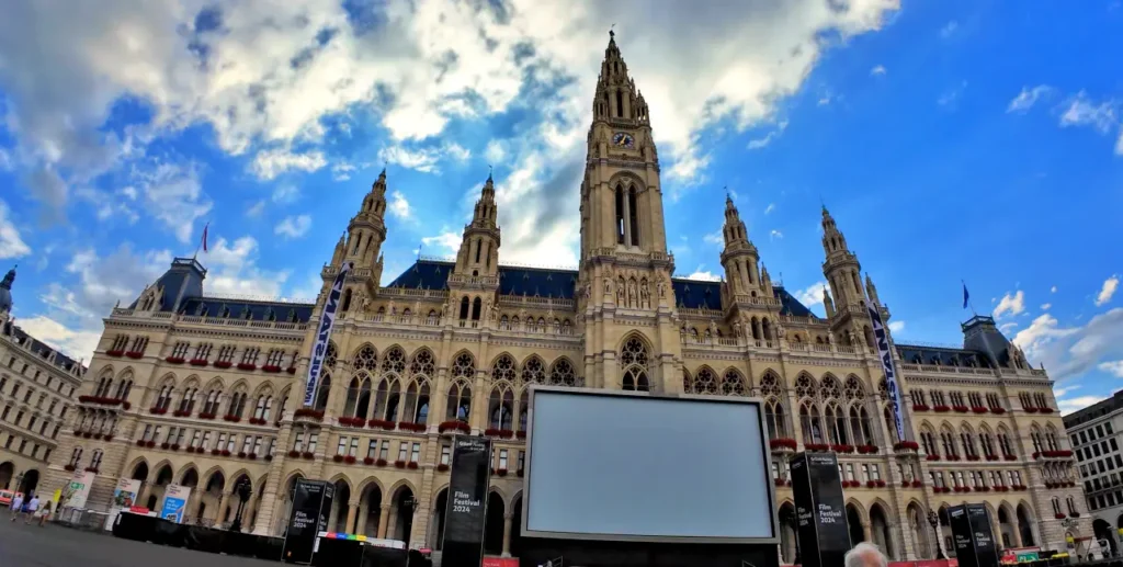 the front facade of rathous Vienna city hall municipality