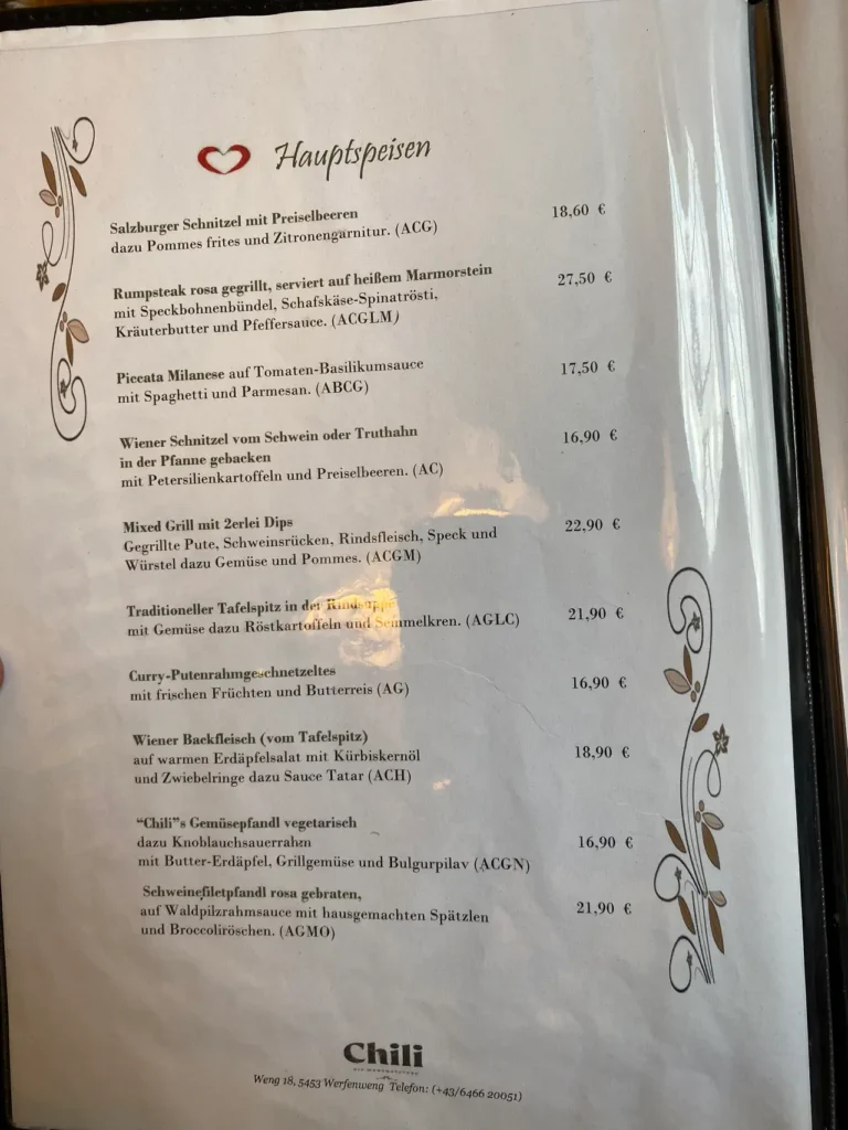 chili restaurant in werfenweng prices