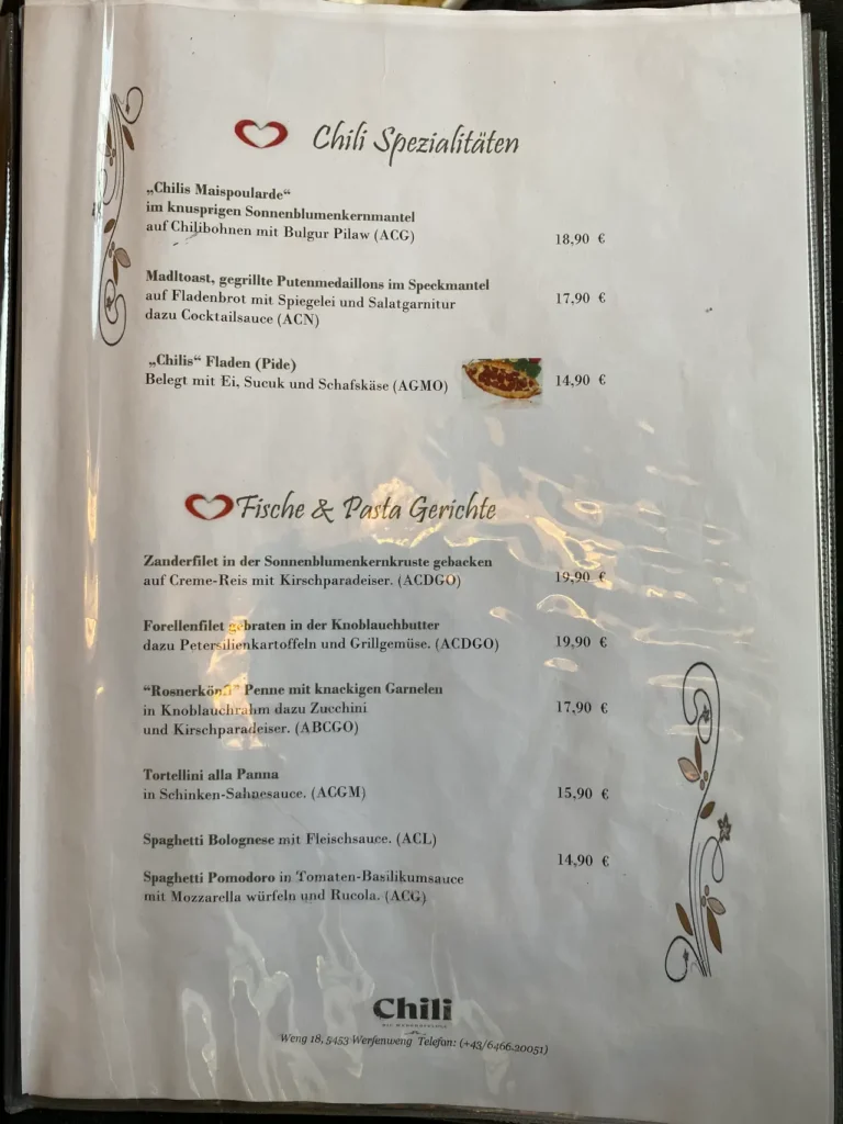 chili restaurant in werfenweng prices