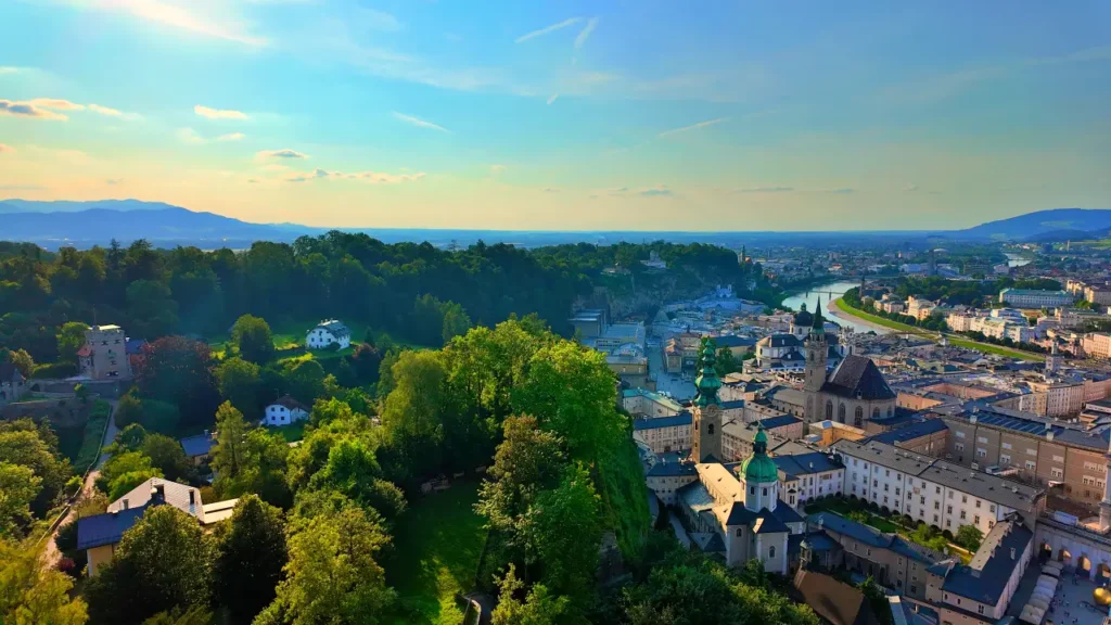 hohensalzburg,sunset, city view, salzburg river